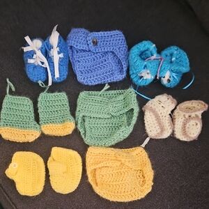 Handmade Crochet Baby Set in Blue, Green, Yellow, and Cream